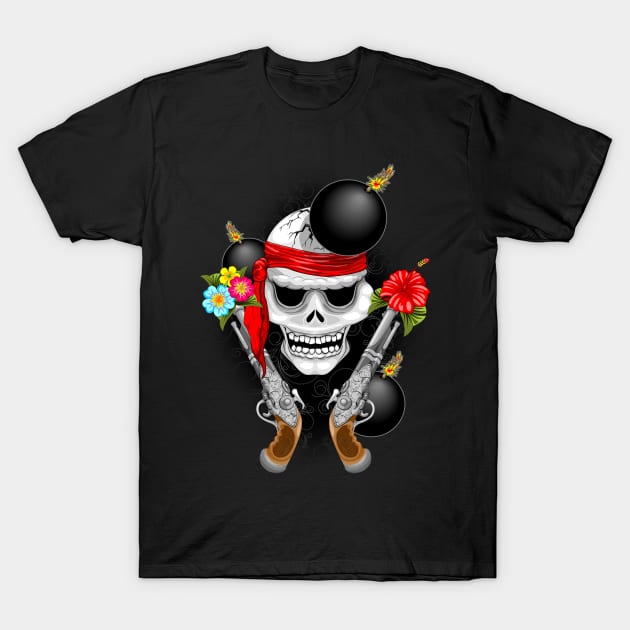Pirate Skull, Ancient Guns, Flowers and Cannonballs T-Shirt by BluedarkArt